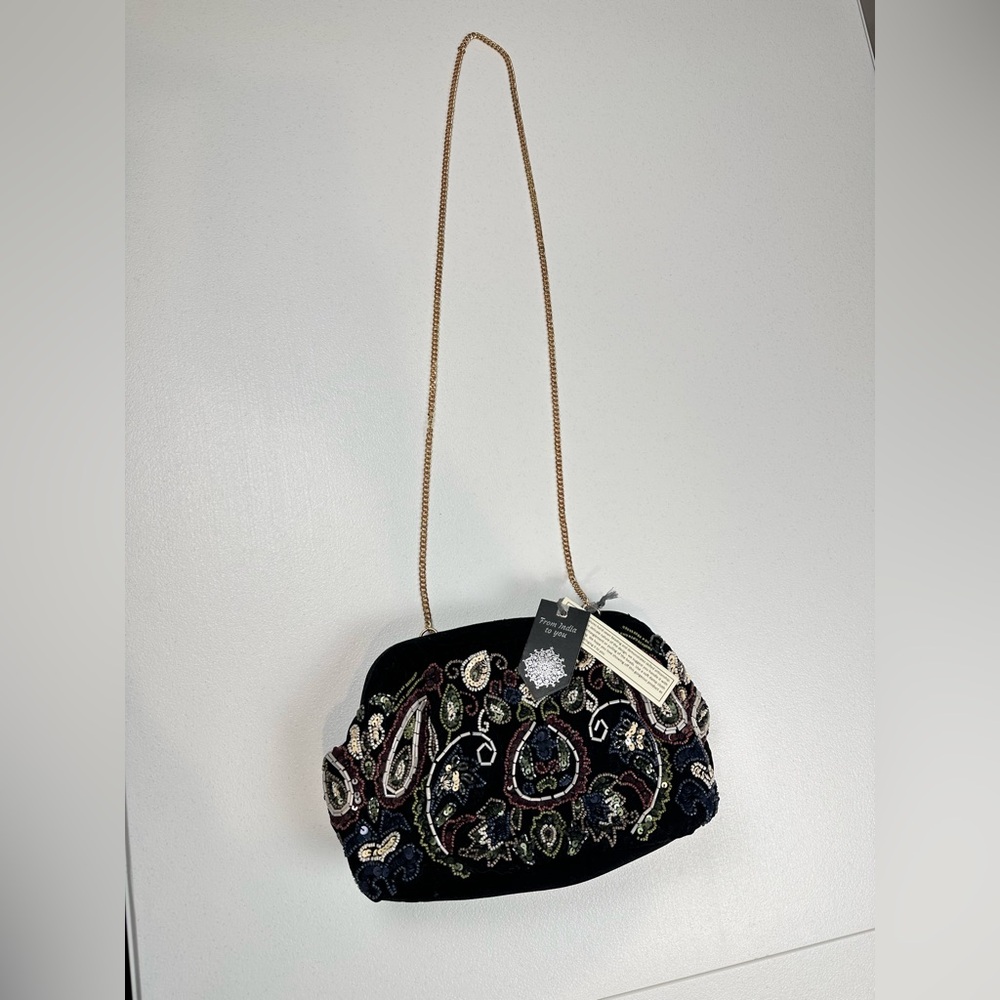 From India To You‎ Velvet Black And Gold Beaded Paisley Clutch Crossbody Bag NWT
